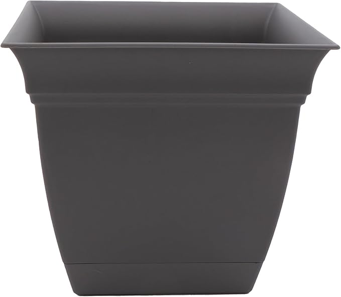 The HC Companies 8 Inch Eclipse Square Planter with Saucer - Indoor Outdoor Plant Pot for Flowers, Vegetables, and Herbs, Warm Gray