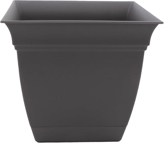 The HC Companies 8 Inch Eclipse Square Planter with Saucer - Indoor Outdoor Plant Pot for Flowers, Vegetables, and Herbs, Warm Gray