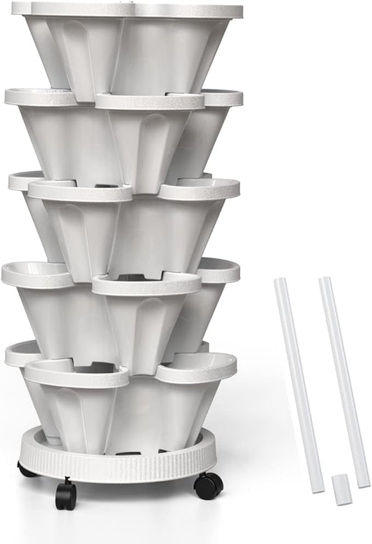 Strawberry Vertical Planters, 5 Tiered Stacking Tower Garden with Support Pole, Stackable Herb Vegetable Planters Indoor and Outdoor - White