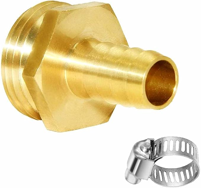 Joywayus 2Pcs 3/8" Barb x 3/4" Male GHT Thread Hex Brass Garden Water Hose Pipe Connector Copper Fitting with Stainless Clamp House/Boat/Lawn/Power Wash/Irrigation