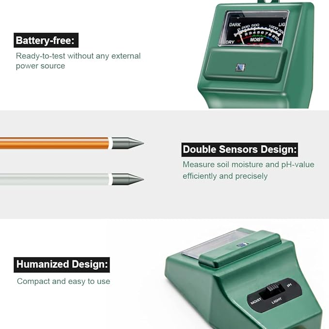 Soil pH Meter, MS02 3-in-1 Soil Moisture/Light/pH Tester Gardening Tool Kits for Plant Care, Great for Garden, Lawn, Farm, Indoor & Outdoor Use (Green)