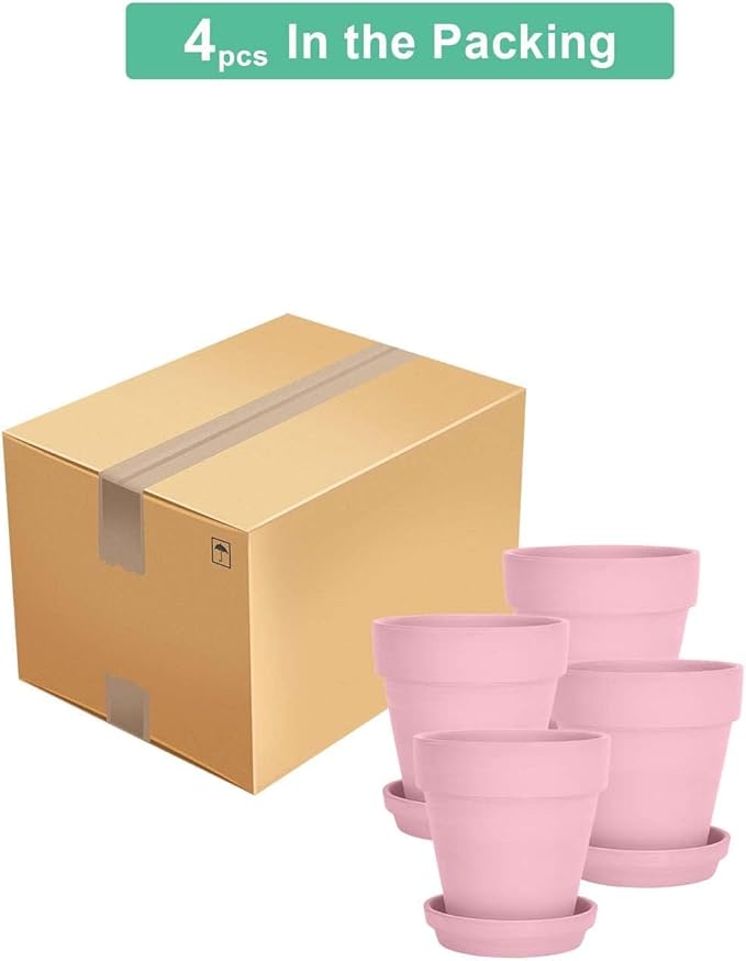 vensovo 6 Inch Peach Pink Terracotta & Clay Pots for Plant with Saucer - 4 Pack Medium Terra Cotta Planter with Drainage Hole, Flowerpot for Indoor Outdoor Plants, Crafts, Wedding Favor
