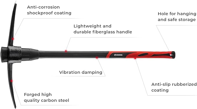 INTERTOOL 36” Pick Axe, Heavy Duty Digging Mattock, Cultivate Garden, Loosen Soil, Adze Hoe, Shock Absorbing Fiberglass Max Grip Handle HT08-0305
