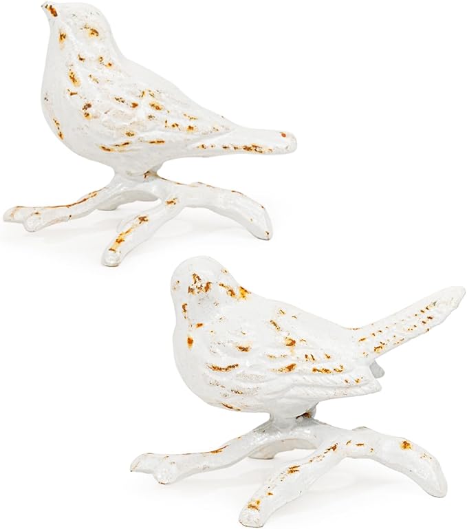 Sungmor Cast Iron Small Bird Statues, Set of 2 Antique White Bird with Branch Collectible Figurines, Farmhouse Home Garden Decorative Bird Sculpture, Realistic Indoor and Outdoor Ornaments