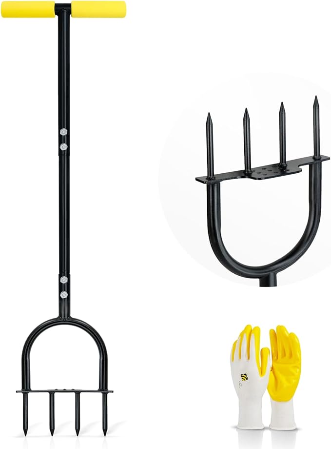 Colwelt Spike Lawn Aerator, Manual Aerator for Compacted Soils and Lawns, Non-Slip T-Handle Spike Aeration with Four 3.5-Inch Solid Steel Spikes, 38-Inch