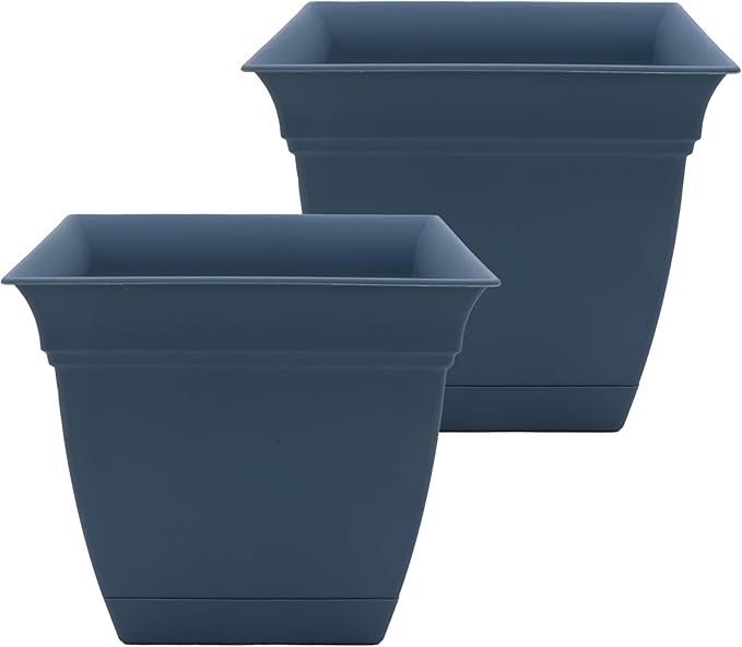 The HC Companies 12 Inch Eclipse Square Planter with Saucer – Indoor Outdoor Plant Pot for Flowers Vegetables Herbs, Slate Blue (Pack of 2)