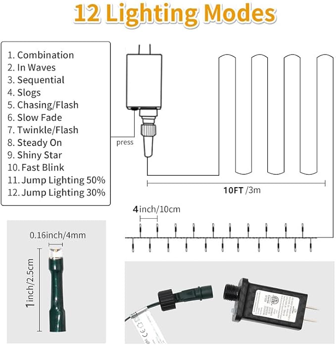 Christmas Light 1000 LEDs 336ft Green Cable Wire Fairy String Tree Twinkle Lights Plug in 12 Modes for Christmas Party, Outdoor, Garden, Wedding, Home Decoration (White)