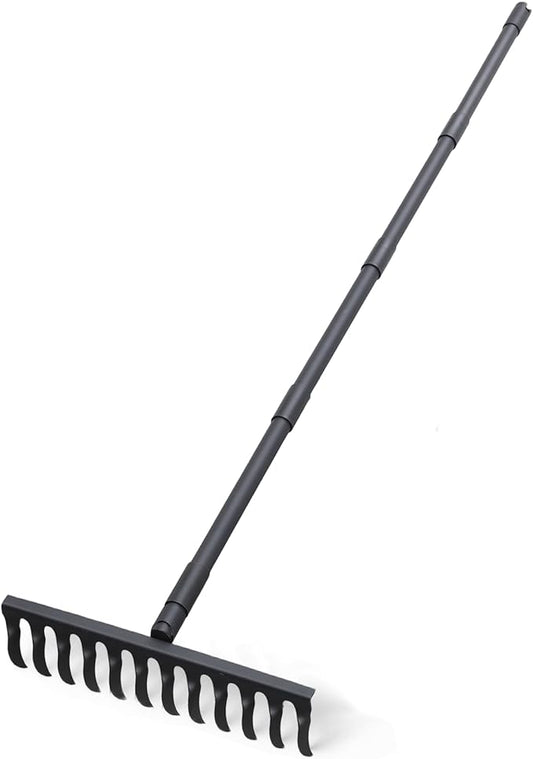 60 Inch Rake for Gardening Leveling Rake Heavy Duty Rake Tool with 12 Tines Adjustable Long Handle Thatch Rake for Loosening Soil Leveling Mulch Gathering Leaves, Black
