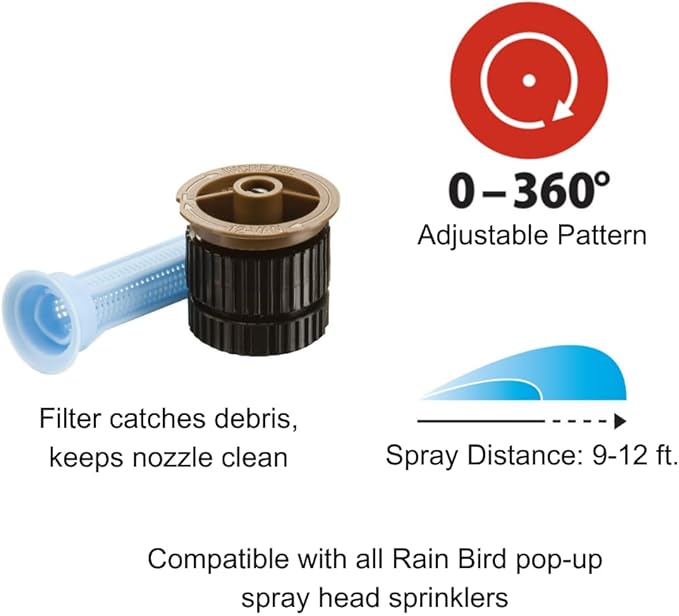 Rain Bird 12AP Adjustable Pattern Spray Nozzle, Adjustable 0° - 360° Pattern, 9' - 12' Spray Distance
