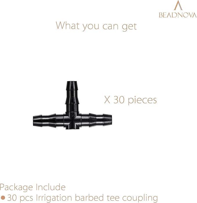 BEADNOVA Drip Irrigation Connectors 30 Pcs 1/4 Inch Barbed Connector Tee Couplings Irrigation Connectors for 1/4 Inch Drip Tubing Water Tubing Gardening Irrigation Supplies (30pcs)