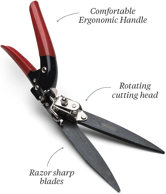 Kings County Tools Grass Trimming Shears | 5-1/4” Steel Blades | Rotating Handle for Angled Cuts | Strong Spring Mechanism | Simple & Secure Safety Lock | Made in Italy
