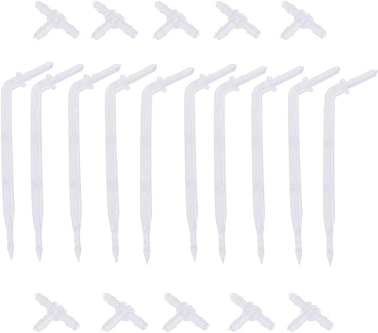 10 Sets White Drip Emitters with 3-Way Connector Curved Arrow Dripper Potted Plants Bend Sprinklers Garden Automatic Irrigation System for 4/7mm Hose Patio Watering Cooling Irrigation Kit