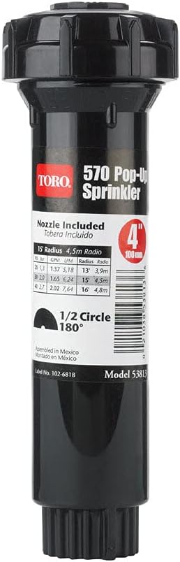 Toro 53813 4-Inch Pop-Up Fixed-Spray with Nozzle Sprinkler, 180-Degree, 15-Feet,Blacks
