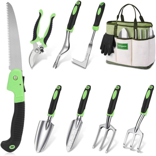 sungwoo Garden Tool Set 10 Piece, Heavy Duty and Lightweight Aluminium Alloy Tools with Ergonomic Handle, Sturdy Storage Tote Bag, Gardening Hand Tools, Gardening Gift for Women and Men Green