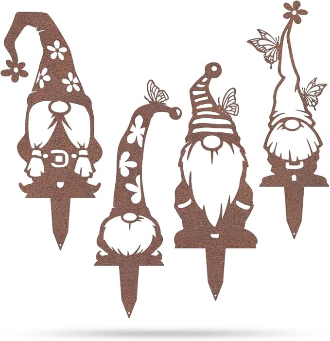 RealSteel Metal Garden Gnomes Outdoor – Steel 4 Pack Lawn Ornaments & Statues, Funny Yard Decor, Weatherproof Garden Decoration, Gift for Gardeners (Rust)