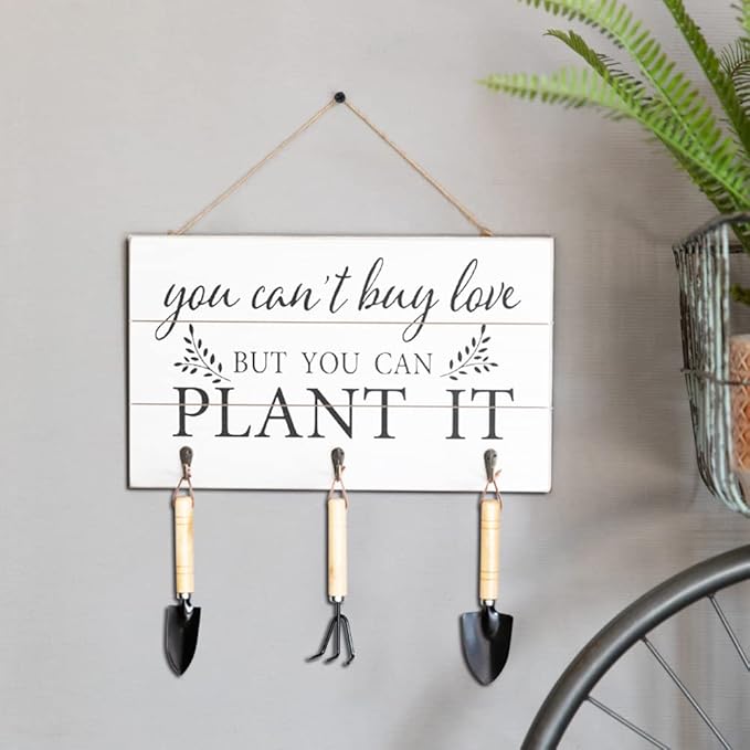 COLLECTIVE HOME - Garden Decor with Tools, Inspirational Wood Hanging Signs, Garden Tools Set - 3 Piece, Out Door Decor with Hooks, You Can't Buy Love BUT You CAN PALNT IT, 15.75"x9.5" (White)