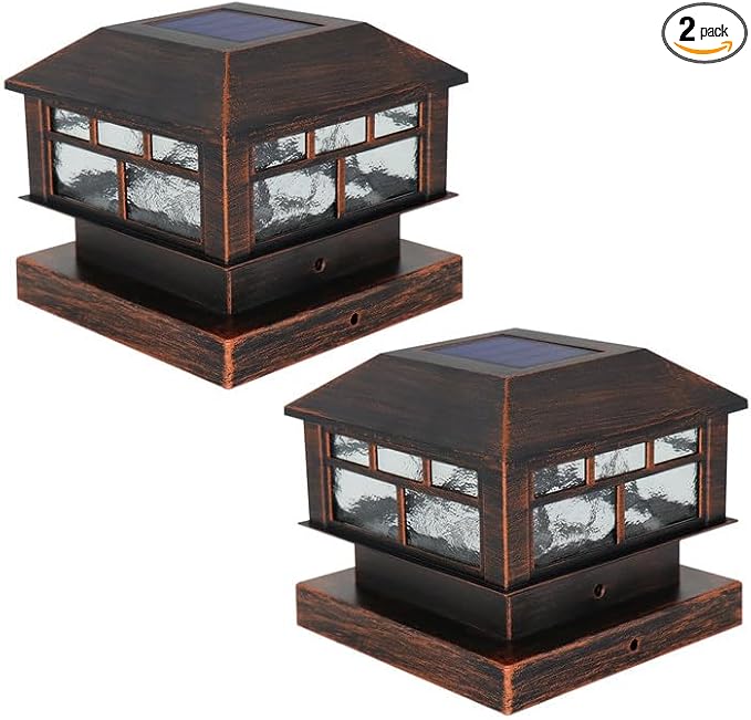 Solar Post Lights Outdoor, 20LM Fence Post Cap Lights, Waterproof, 2 Light Modes, Fit 3.5x3.5in 4x4in 5x5in Wooden Post, Solar Power Deck Lights for Garden Deck Patio Decoration(Bronze 2Pack)