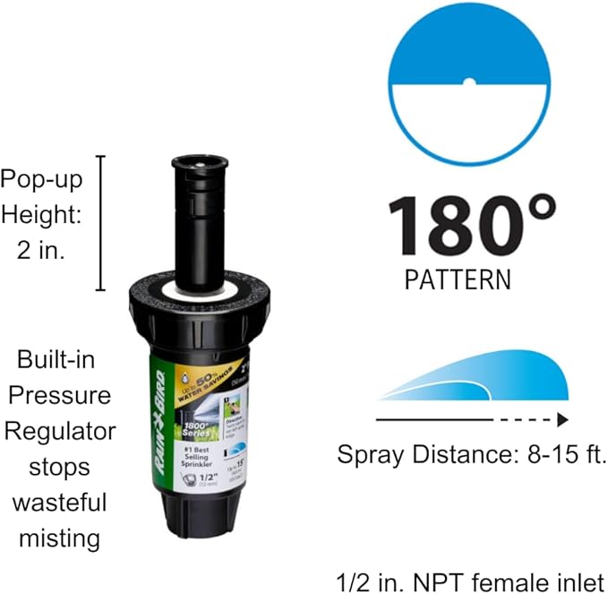 Rain Bird 1802HDSPRS Pressure Regulating (PRS) Professional Dual Spray Pop-Up Sprinkler, 180° Half Circle Pattern, 8' - 15' Spray Distance, 2" Pop-up Height