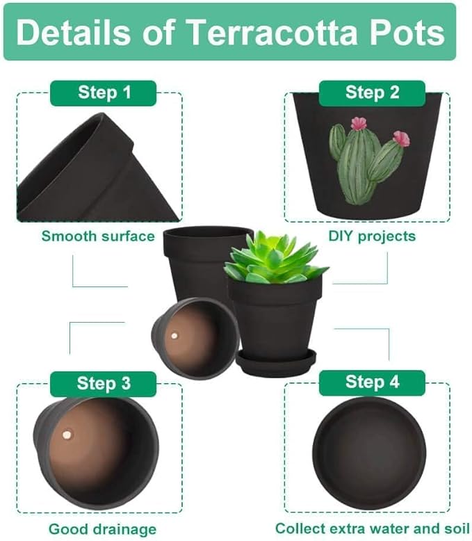 vensovo 3 inch Black Terracotta Clay Pots for Plants with Saucer - 12 Pack Small Terra Cotta Planter Great for Garden Windowsill Indoor & Outdoor Wedding Favors Gifts