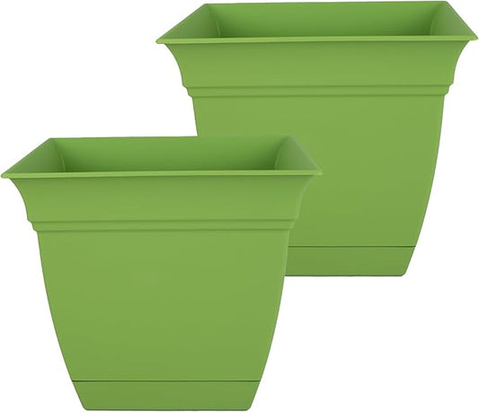 The HC Companies 12 Inch Eclipse Square Planter with Saucer – Indoor Outdoor Plant Pot for Flowers Vegetables Herbs, Peridot Green (Pack of 2)