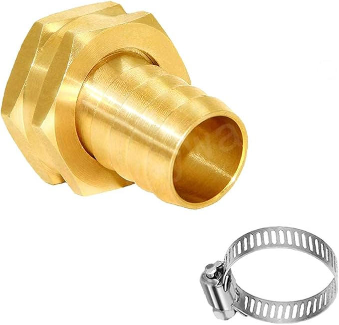 Joywayus 2Pcs 5/8" Barb x 3/4" Female GHT Thread Swivel Hex Brass Garden Water Hose Pipe Connector Copper Fitting with Stainless Clamp House/Boat/Lawn/Power Wash/Irrigation