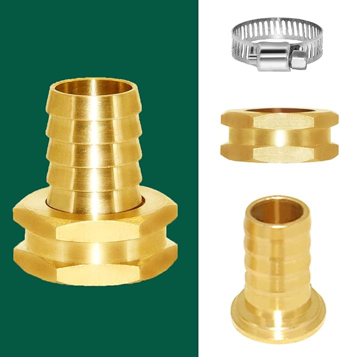 Joywayus 5/8" Barb x 3/4" Female GHT Thread Swivel Hex Brass Garden Water Hose Pipe Connector Copper Fitting with Stainless Clamp House/Boat/Lawn/Power Wash/Irrigation