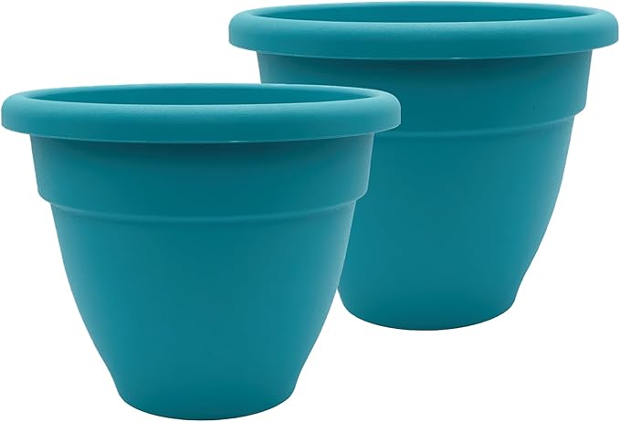 The HC Companies Caribbean Planter Pot - Outdoor & Indoor Plant Pot with Drainage Hole & Plug - Rolled Rim Plastic Pots for Plants & Flowers - Decorative Plant Pot (10" Dusty Teal, Pack of 2)