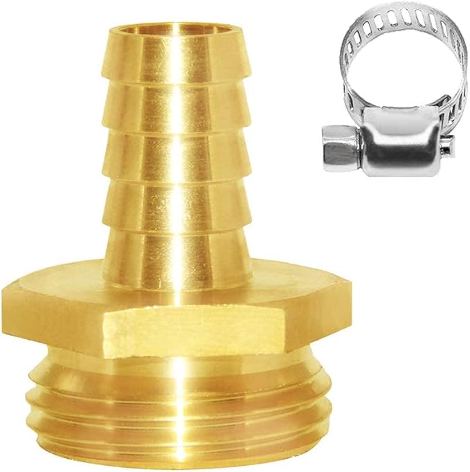 Joywayus 2Pcs 3/8" Barb x 3/4" Male GHT Thread Hex Brass Garden Water Hose Pipe Connector Copper Fitting with Stainless Clamp House/Boat/Lawn/Power Wash/Irrigation