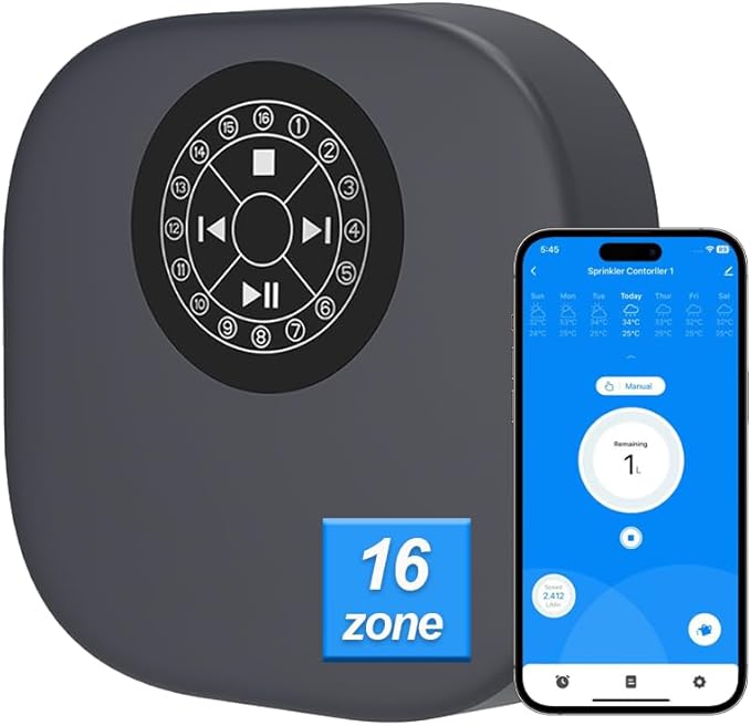 WiFi Irrigation Controller, 16-Zone Smart Sprinkler Controller, Auto Schedules, Weather-Based Watering, Indoor Use, Compatible with Alexa for Garden and Yard