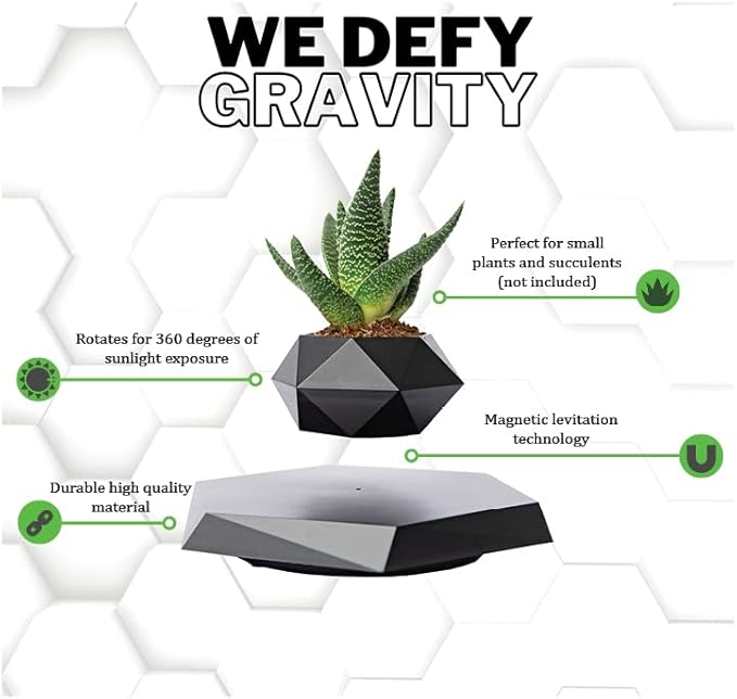 BandD Levitating Plant Pot - Floating Plant Pot for Small Plants. Levitating Decor for Home & Office Magnetic Floating Levitating Display (Black)
