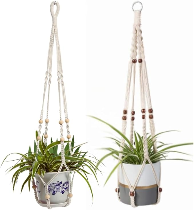 2 Pack Plant Hanger Indoor, Hanging Plant Holder, Macrame Plant Hangers, Handmade Boho Plant Hanger with Wood Beads, No Tassels Indoor Outdoor Flower Pots Holder, Home Décor Ivory (POTS NOT Included)