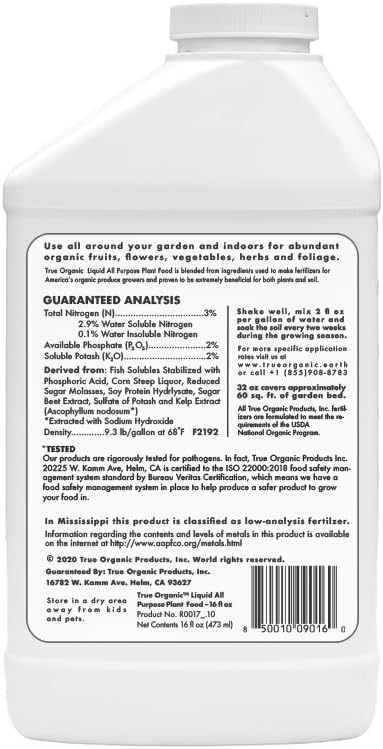 True Organic Liquid All Purpose Plant Food – Organic Fertilizer for Fruits, Flowers, Vegetables, Herbs & Foliage – Indoor & Outdoor Use – 32 fl. oz. – Covers 60 sq. ft.