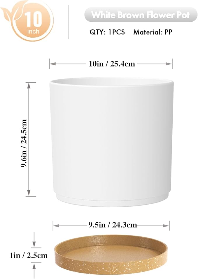 10 Inch Large Flower Pots for Indoor Outdoor Plants, Cylinder Deep Plant Pots with Drainage Holes and Saucer, Big Decorative Plastic Planter Pots for Garden House Plants, White with Brown