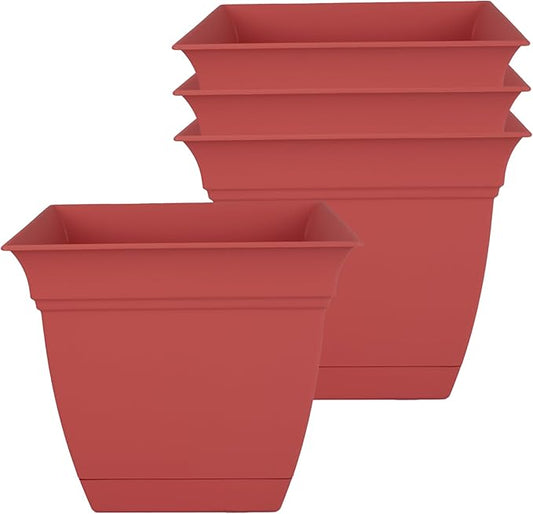 The HC Companies 6 Inch Eclipse Square Planter with Saucer – Indoor Outdoor Plant Pot for Flowers Vegetables Herbs, Rose (Pack of 4)