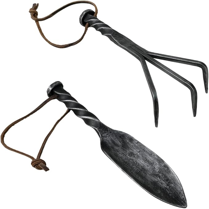 Hand Forged Twisted Metal Garden Tools Set of 2 Pcs Wrought Iron Handmade Garden Transplant Trowel and Rack Tools for Garden Cultivator Black Antique Finish Heavy Duty Garden Tools by Living IDEA