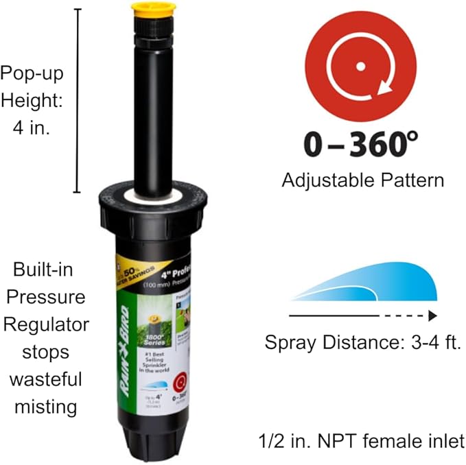 Rain Bird 1804AP4PRS Pressure Regulating (PRS) Professional Pop-Up Sprinkler, Adjustable 0 - 360° Pattern, 3' - 4' Spray Distance, 4" Pop-up Height, Black