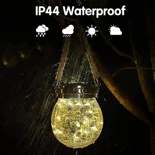 Solar Lantern Crackle Glass Ball, 2 Pack Garden Hanging Solar Lights Outdoor Waterproof Lanterns with 30 Warm White LED for Outdoor Decor Patio Yard Lawn Pathway