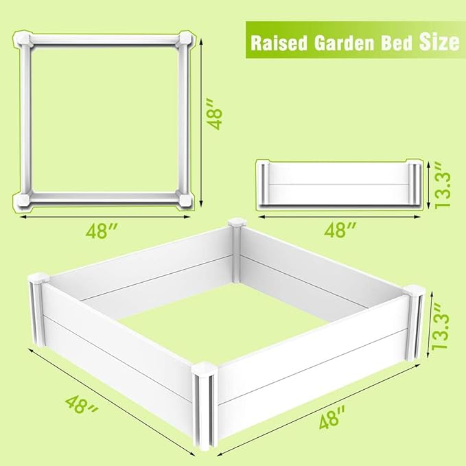 4'x4' White Vinyl Raised Garden Bed Kit, Outdoor Above Ground Garden Box for Growing Vegetables, Flowers, Herbs, DIY Gardening, Whelping Pen and More