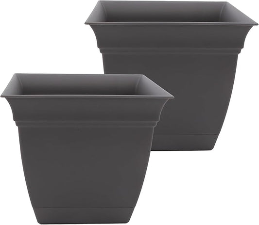 The HC Companies 10 Inch Eclipse Square Planter with Saucer – Indoor Outdoor Plant Pot for Flowers Vegetables Herbs, Warm Gray (Pack of 2)