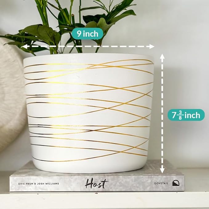 Willowy 9 Inch Ceramic Plant Pot - Matte White with Gold Stripes - Drainage Plug Included