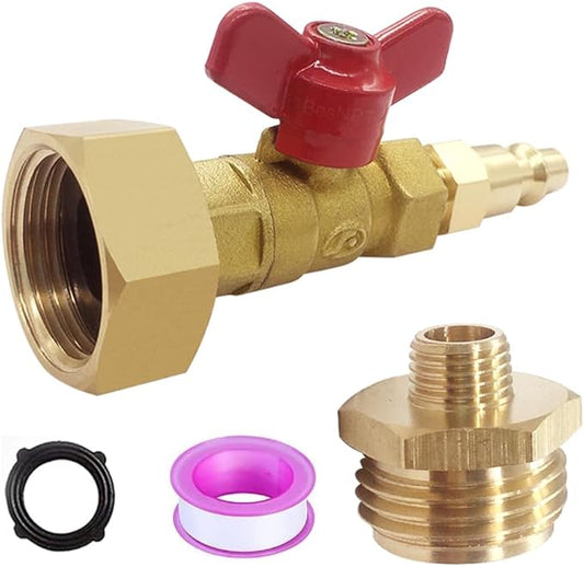 RV Winterize Blowout Ball Valve Adapter with 1/4" Quick Connect Plug and 3/4" GHT Male/Female for Garden Water Hose Boat Camper Trailer Sprinkler Systems Irrigation