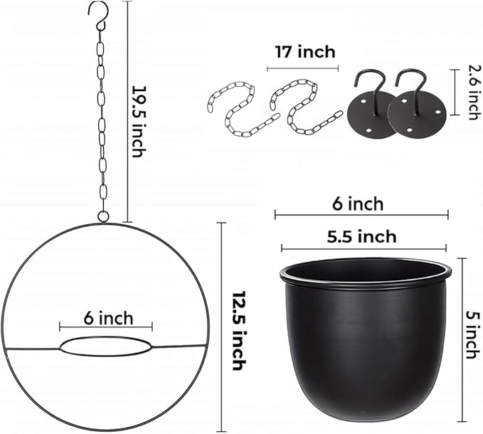 2 Pack Hanging Planters for Indoor Plants with 5.5" Pot + Ceiling Hook + Extender Chain | Hanging Plant Holder, Metal Minimalist Planter, NO Plant incld