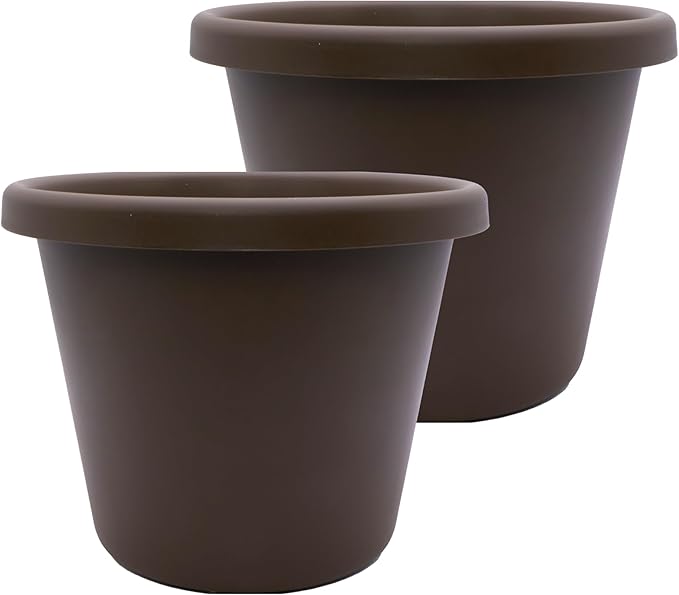 The HC Companies 15.5 inch Round Classic Planter - Plastic Plant Pot for Indoor Outdoor Plants Flowers Herbs, Chocolate (2 Pack)