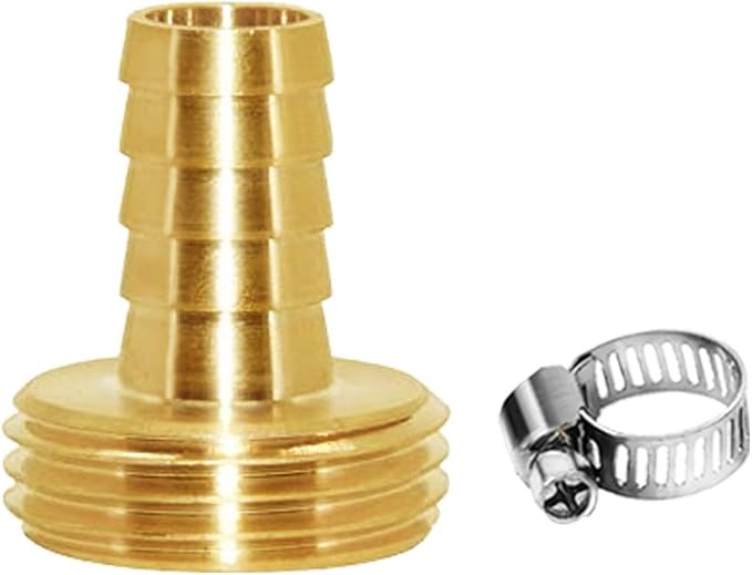 Joywayus 5/8" Barb x 3/4" Male GHT Thread Round Brass Garden Water Hose Pipe Connector Copper Fitting with Stainless Clamp House/Boat/Lawn/Power Wash/Irrigation
