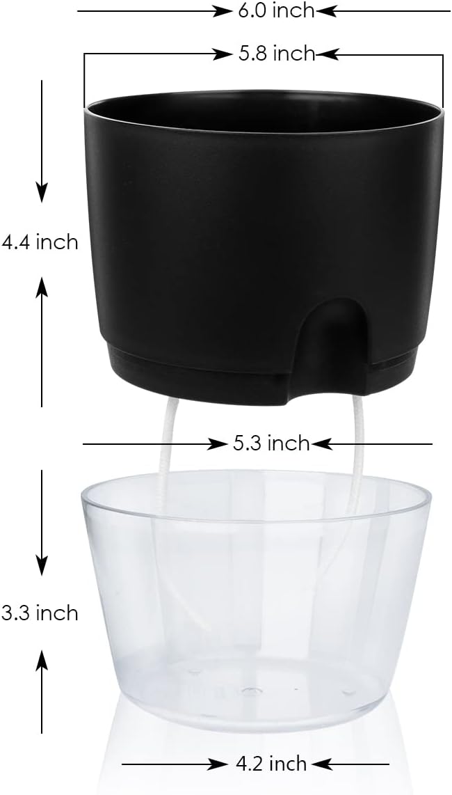 Vanavazon 6 Inch Self Watering Planter Pots for Indoor Plants, 3 Pack African Violet Pots with Wick Rope-Black