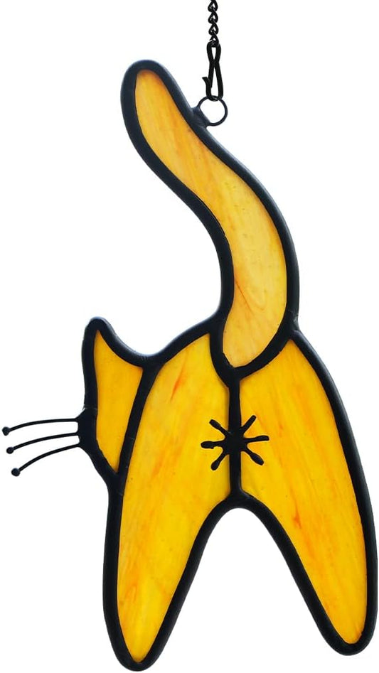 Orange Cat Stained Glass Suncatcher for Window,Funny Cute Cat Decor Stained Glass Window Hanging,Cat Gifts for Cat Lovers,Cat Themed Gifts for Women Friends Girl Kids