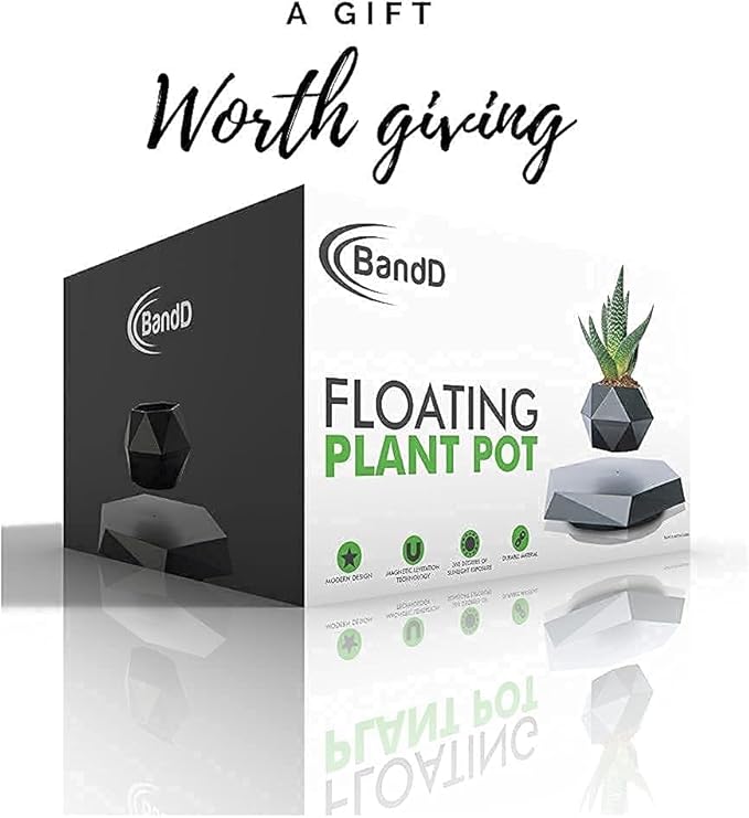 BandD Levitating Plant Pot - Floating Plant Pot for Small Plants. Levitating Decor for Home & Office Magnetic Floating Levitating Display (Black)