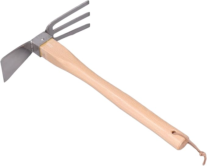 Fdit Stainless Steel Garden Hoe Rake Hand Tool, Simple Practical Fine Workmanship Beech Handle Small Hoe Gardening Tool for Weeding, Digging, Seeding