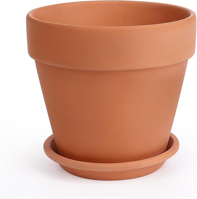 INGOFIN Terracotta Pot with Saucer - 12 Inch Ceramic Clay Pot for Plants with Drainage Hole, Terra Cotta Pot with Tray for Indoor Outdoor Plants