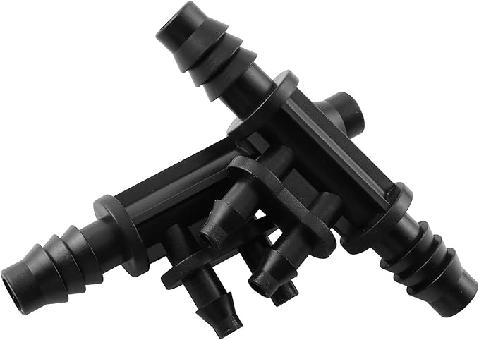 RLECS 6pcs 3/8 Inch to 1/4 Inch Greenhouse Drip Irrigation Water 4 Way Splitter for 4 mm Drip Hose Gardening Water Irrigation Fittings, Black